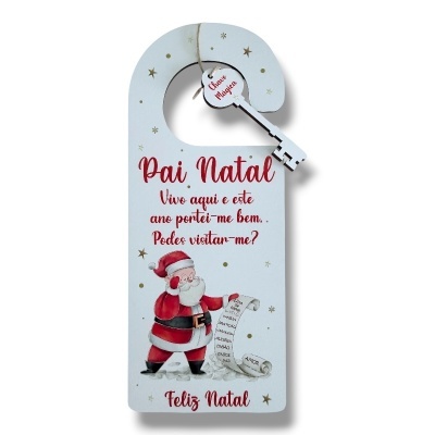 Cabide de porta branco com Pai Natal e mensagem natalícia em vermelho