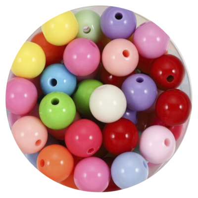 Contas plásticas coloridas redondas com furo central dentro de recipiente branco