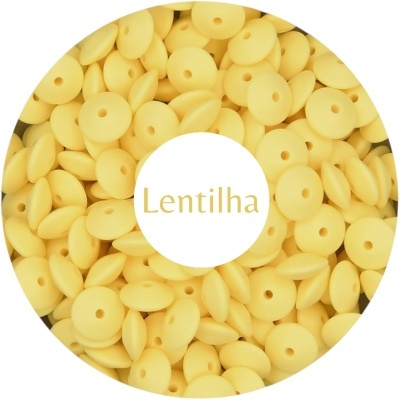 Peças amarelas redondas com orifício e texto Lentilha no centro