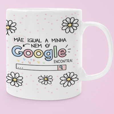 Caneca branca com texto colorido e margaridas desenhadas