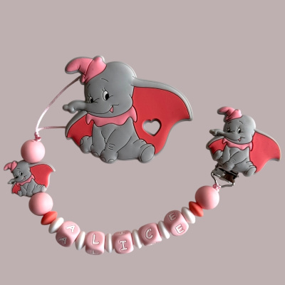 Presilha para bebé com elefante em silicone e nome ALICE