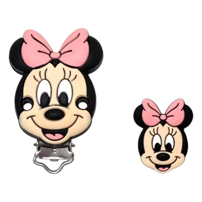 Dois acessórios em silicone com rosto da Minnie Mouse, um com presilha e outro só o rosto.