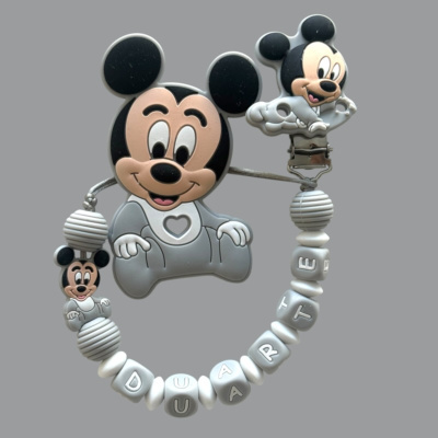 Prendedor de chupeta silicone com contas e figura do rato Mickey.