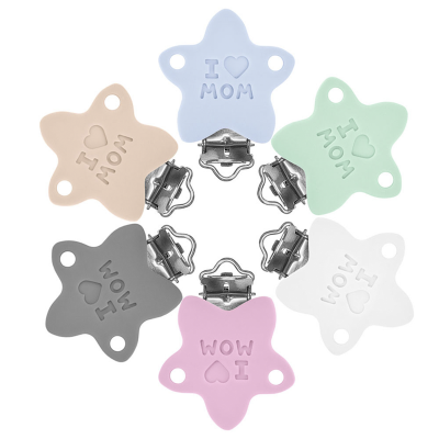 Seis clips estrela de silicone coloridos com frase 'I ♥ MOM' e 'I ♥ WOW'