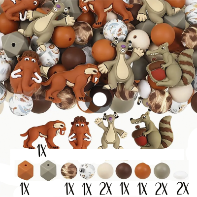 Contas de silicone e personagens da Idade do Gelo em várias cores e formas