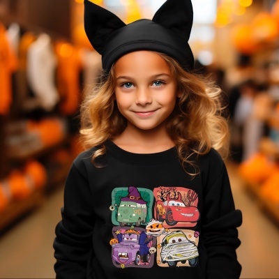 Menina com sweat preto de Halloween e gorro preto com orelhas de gato
