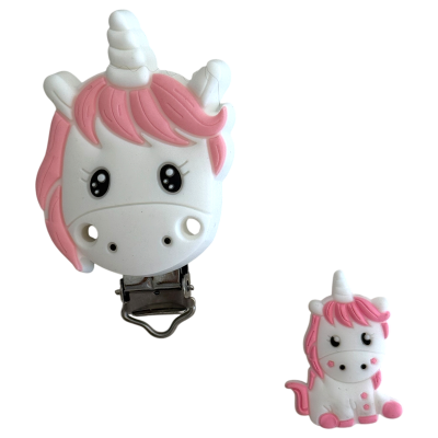 Prendedor e figura de unicórnio rosa e branco de silicone e metal