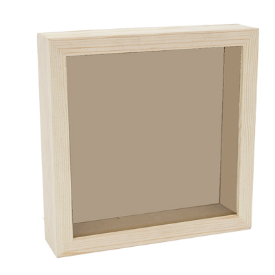 Caixa de sombra quadrada de madeira clara com vidro e fundo cinza