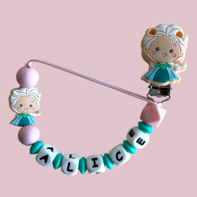 Prendedor de chupeta com contas e nome Alice em silicone