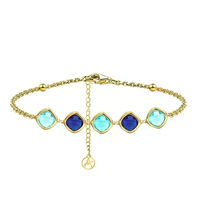 Pulseira dourada com pedras quadradas turquesa e azul escuro