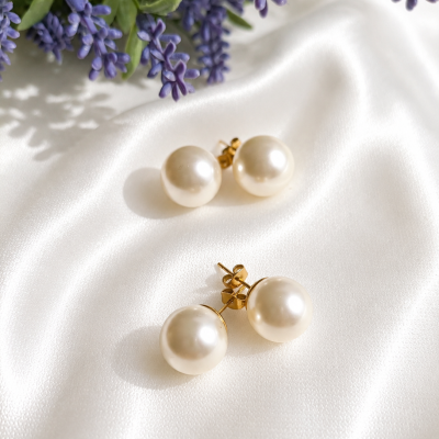 Brincos de pérola branca com suporte dourado sobre tecido branco e flores roxas