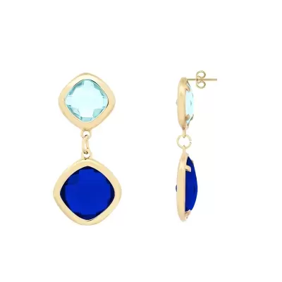 Brincos pendentes com pedras azuis em metal dourado