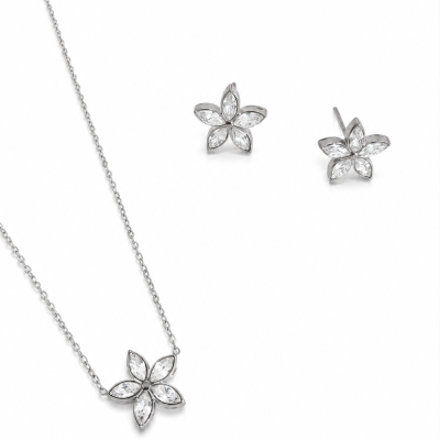 Conjunto colar e brincos em forma de flor com pedras claras