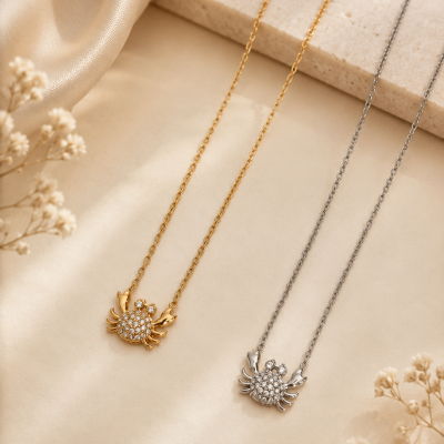 Dois colares com pendentes de caranguejo, dourado e prateado, com cristais, sobre fundo bege e tecido creme.