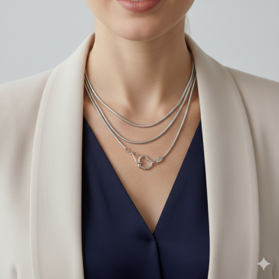 Colar prateado com pingente de coração usado por mulher com roupa formal