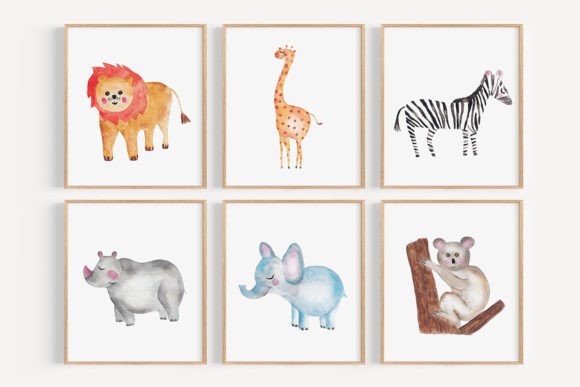 Ilustrações Animais Seis quadros ilustrados com animais selvagens em cores pastel