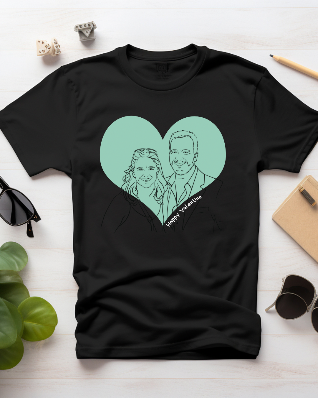T-shirt Valentine T-shirt preta com desenho de casal dentro de um coração verde e texto 'Happy Valentine'