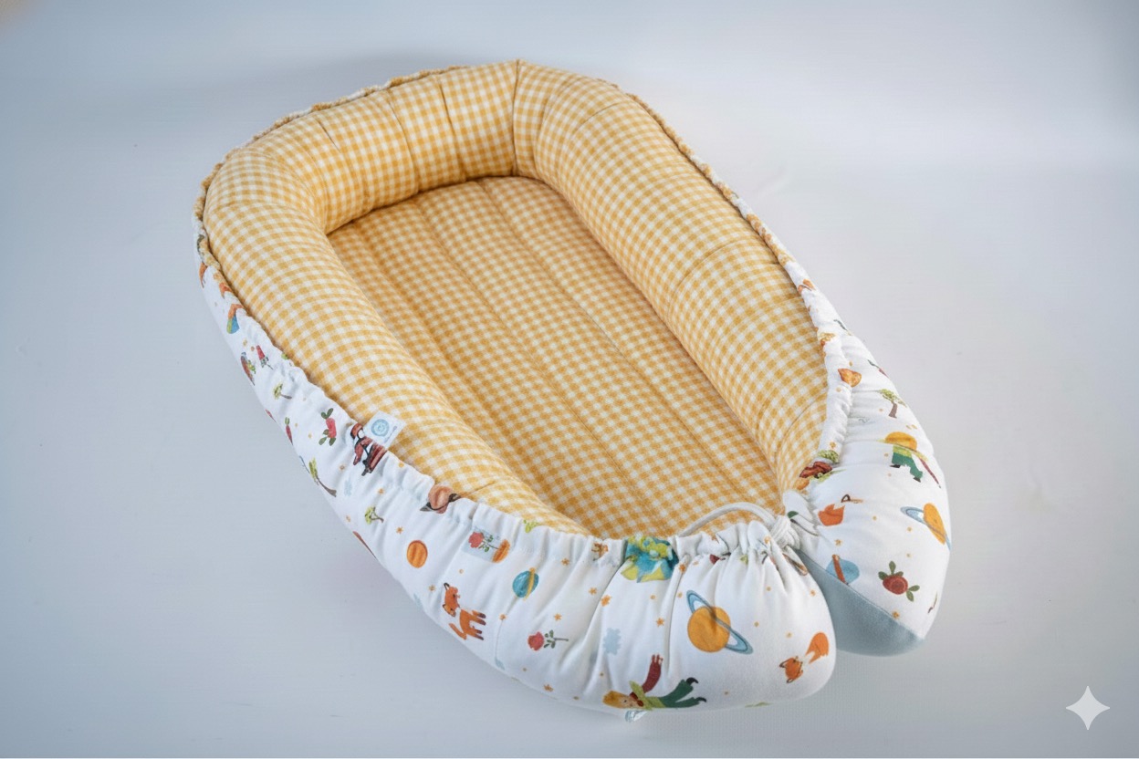 Ninho Principezinho Ninho de bebé amarelo com padrão aos quadrados e exterior branco com estampados coloridos