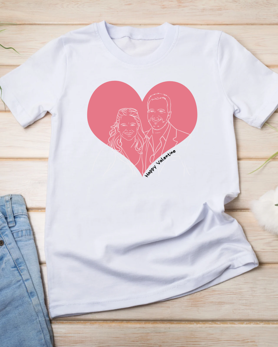 T-shirt Valentine T-shirt branca com desenho de casal em coração cor-de-rosa e texto Happy Valentine