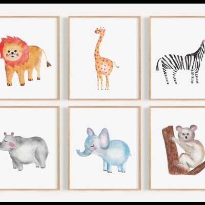 Seis quadros ilustrados com animais selvagens em cores pastel