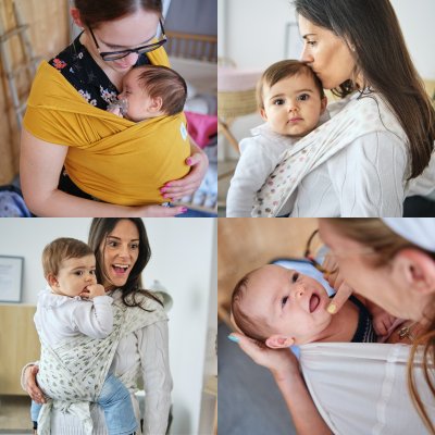 mães a transportar bebés em slings amarelo e branco com padrão de folhas verdes