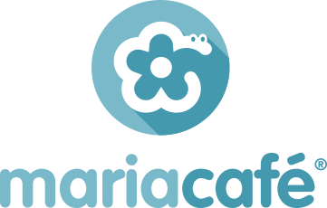 Logótipo azul claro mariacafé com flor branca num círculo azul