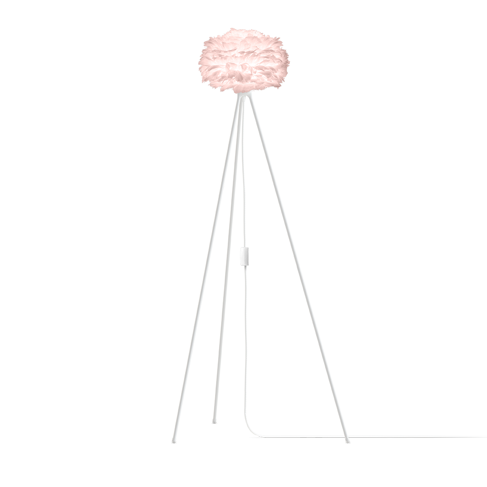 Candeeiro de pé com cúpula rosa de tecido e base tripé branca