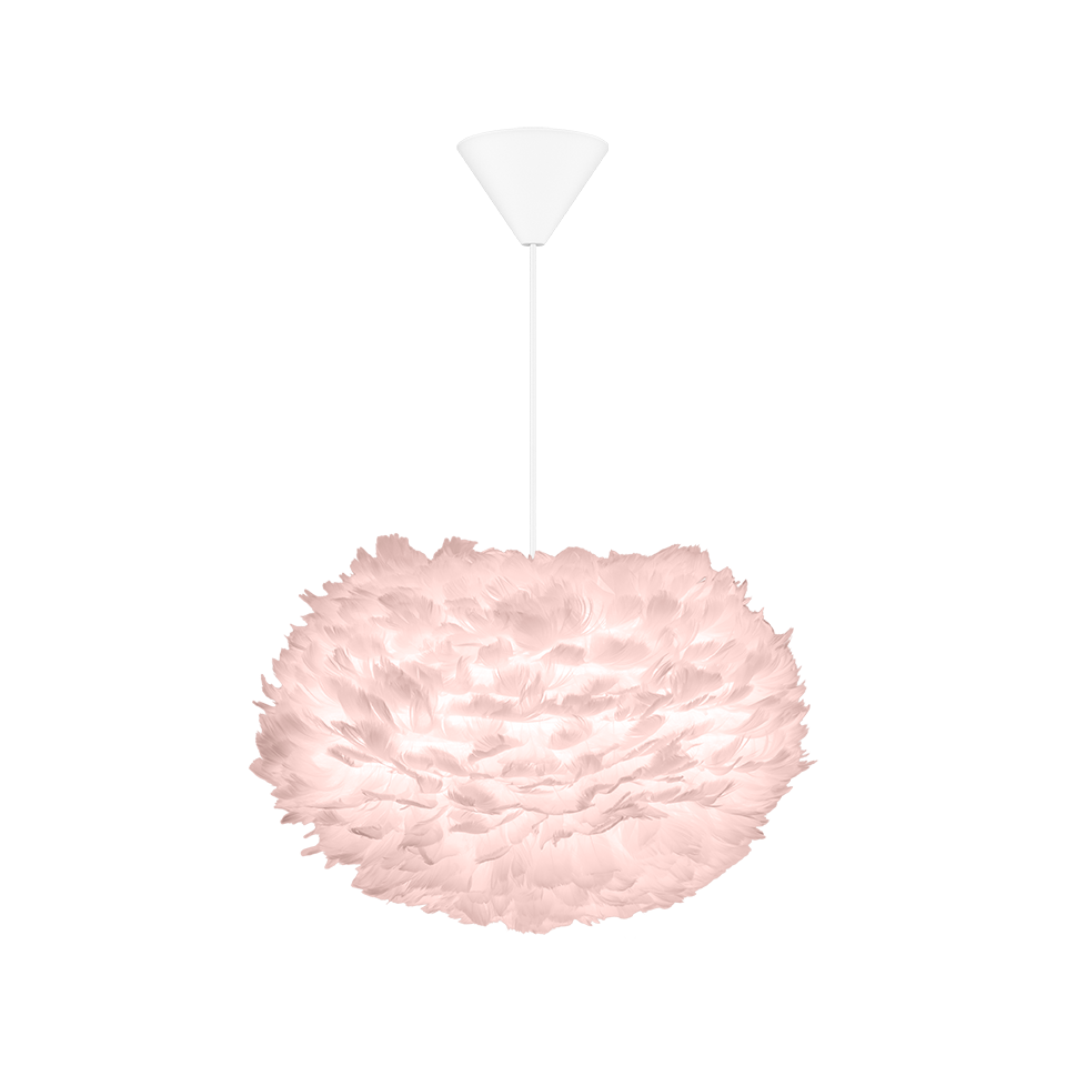 Candeeiro suspenso com penas cor-de-rosa e suporte branco