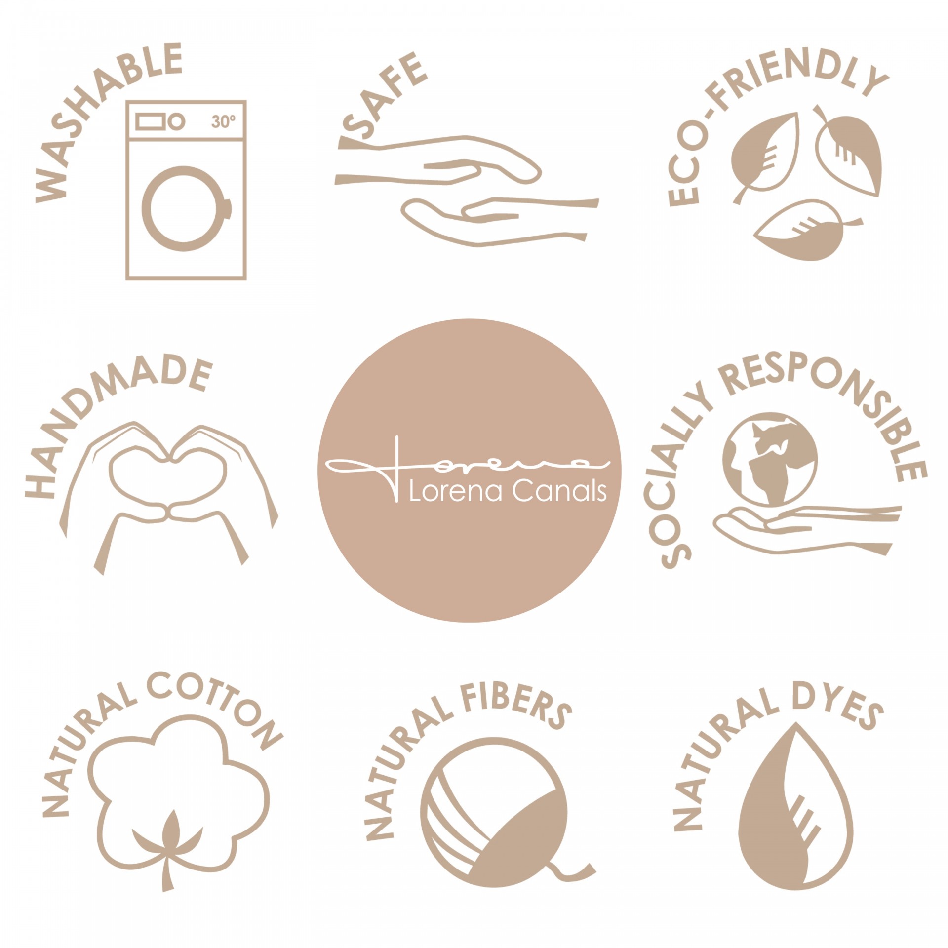 Ícones e texto em bege indicando características do produto Lorena Canals