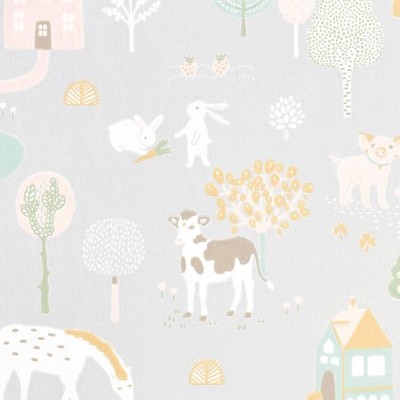 Papel de parede infantil com animais e árvores em tons pastel sobre fundo cinzento