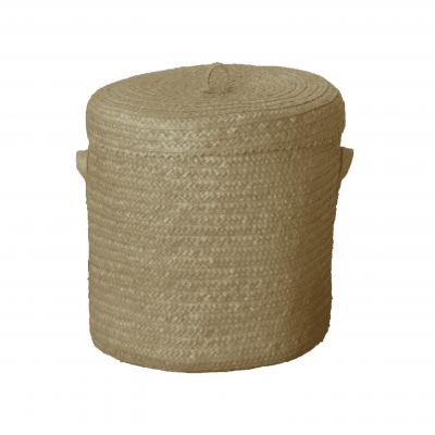 Cesto redondo de palha trançada com tampa e pegas