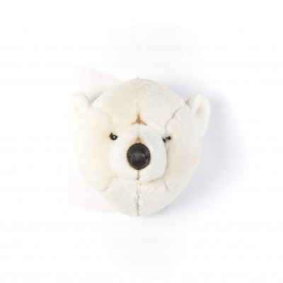 Cabeça de peluche de urso polar branco com nariz preto montada na parede