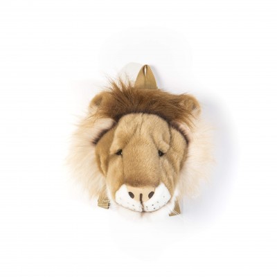 Mochila infantil com design de cabeça de leão com pêlo castanho e branco, alças ajustáveis.