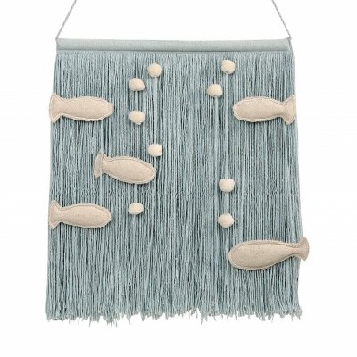 Decoração de parede com fios de algodão azul claro, peixes e bolas em tecido bege
