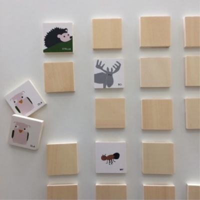 Peças de jogo da memória com ilustrações de animais e texto, em madeira clara sobre fundo branco