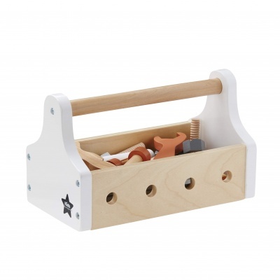 Caixa de ferramentas de madeira com cabo e ferramentas coloridas