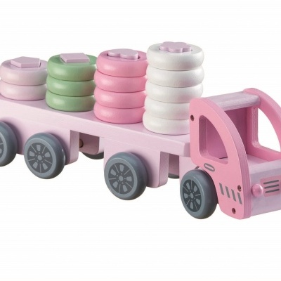 Camião de madeira cor-de-rosa com peças redondas empilhadas em verde, rosa e branco