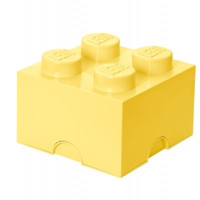 caixa amarela em forma de bloco LEGO com relevo LEGO nos pinos