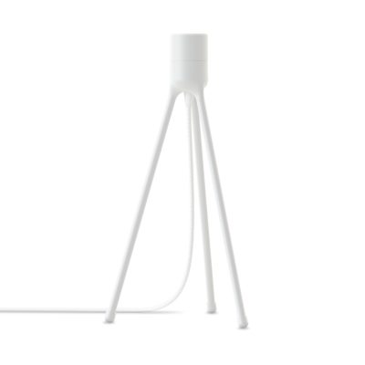 Candeeiro de mesa branco com três pernas metálicas finas