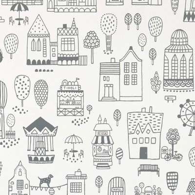 Papel de parede branco com desenhos a preto de prédios e árvores