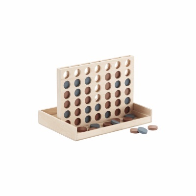 Jogo de tabuleiro em madeira clara com fichas redondas azuis e castanhas.