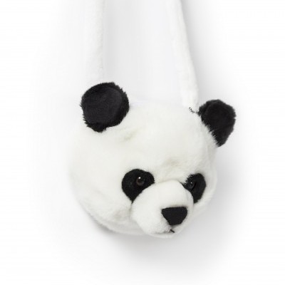Bolsa peluche em forma de cabeça de panda com pelúcia branca e preta