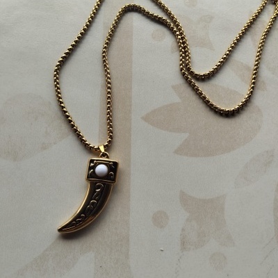 Colar dourado com pendente em forma de dente com pedra branca