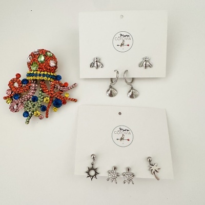 Broche de polvo colorido e dois conjuntos de brincos prateados em cartões da marca Marta COLOVIA