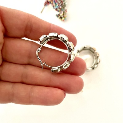 Brincos argola prateados com pedras e broche em forma de pássaro colorido