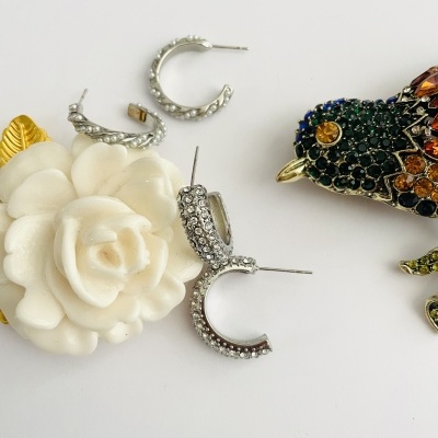 Brincos de argola prateados, flor branca artificial e broche de pássaro colorido com pedras preciosas