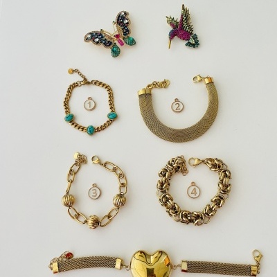 Pulseiras douradas numeradas e dois alfinetes coloridos em forma de borboleta e pássaro em fundo branco