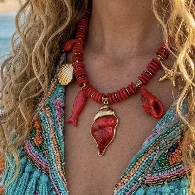 Colar vermelho com pendentes de concha, peixe e estrela do mar numa pessoa com cabelo loiro encaracolado e blusa colorida com contas