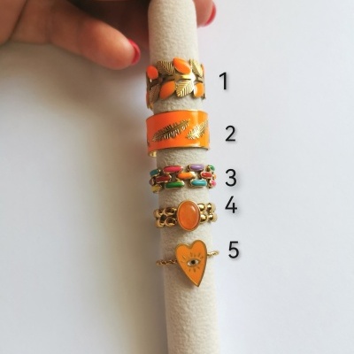 Cinco anéis coloridos com detalhes dourados em suporte claro, com números 1 a 5 ao lado.
