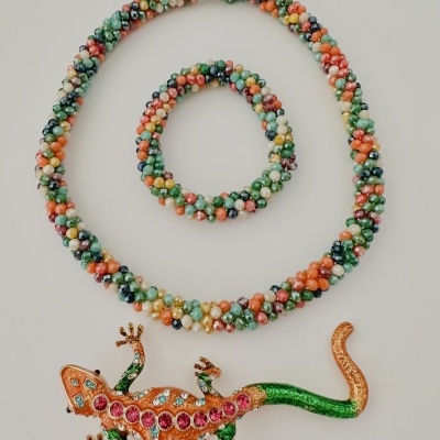 Colar, pulseira de contas coloridas e broche de lagarto colorido sobre fundo branco